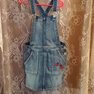 Denim adjustable strap jumper girls size 7-8 red‎ lady bug applique back pockets